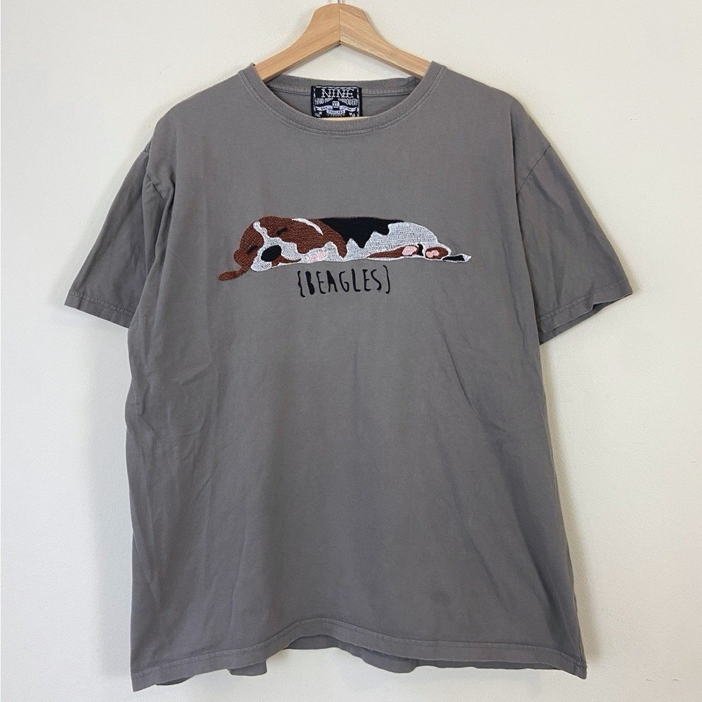 Vintage Sleeping Beagle Dog Embroidered Gray Tee Shirt - XL‎